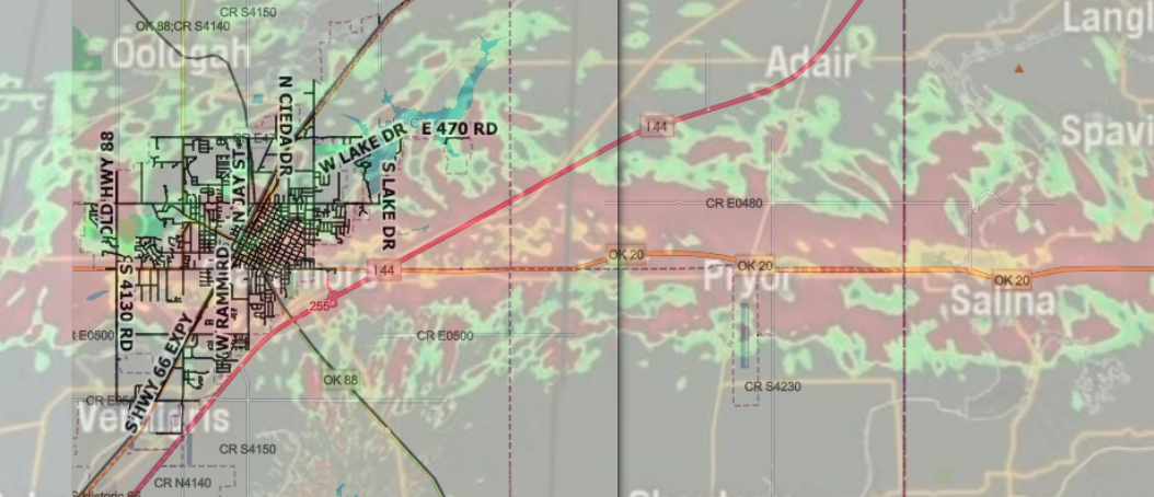 Radar shear map showing the tornado's path through Rogers County